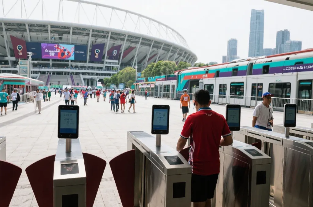 球迷通过智慧闸机进入世界杯球场，城市公共交通接驳清晰可见